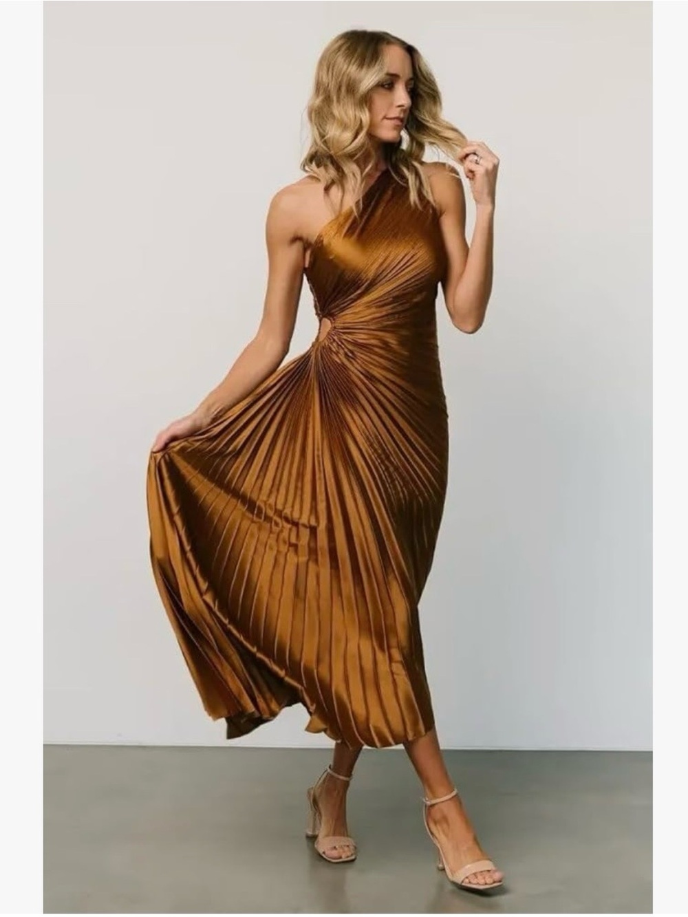 One-Shoulder Pleated Midi Dress in Dusty Rose - Picture 7 of 8